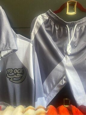 Gray and White Colorblock Athletic Set with Logo Patch